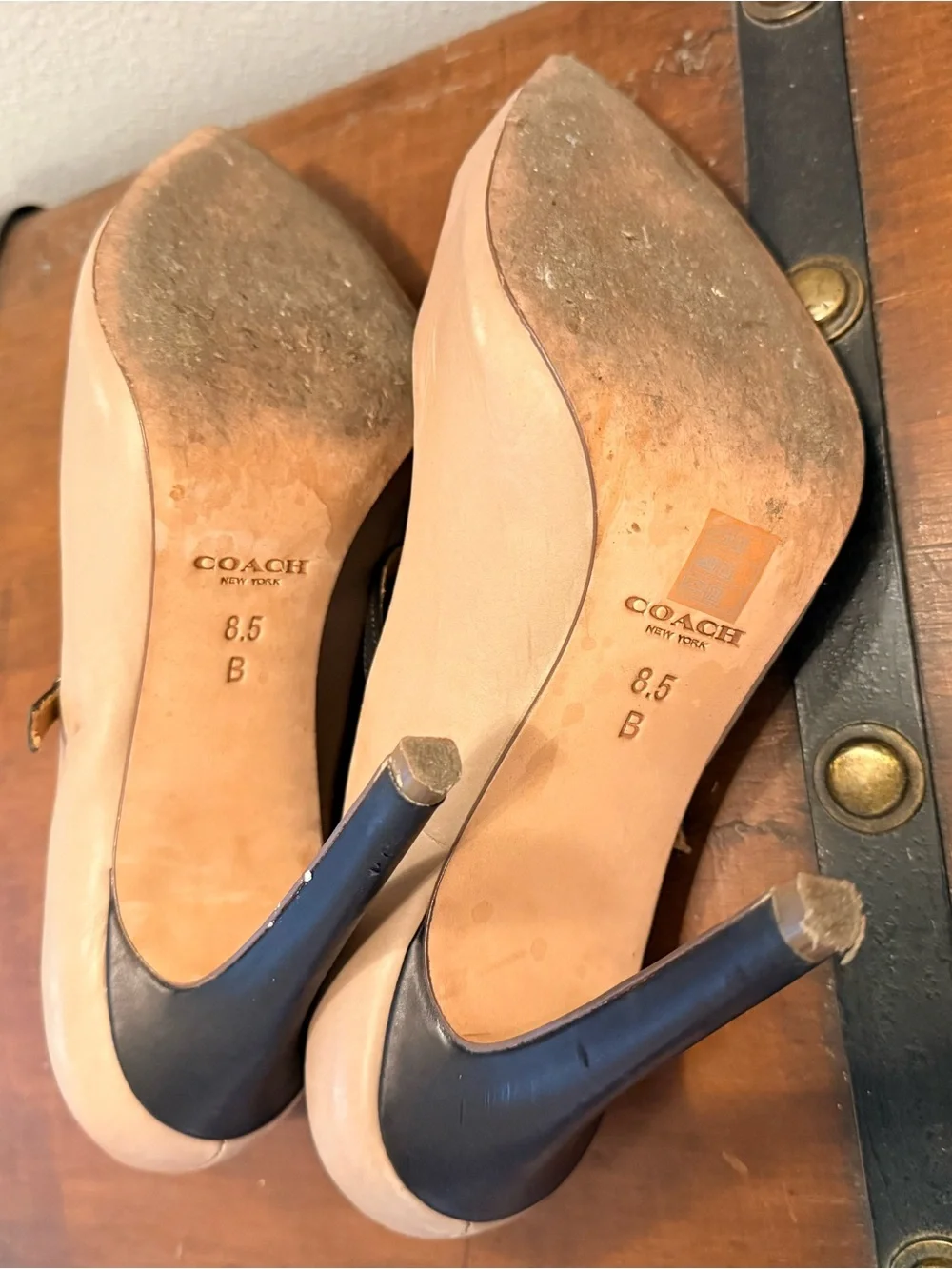 Coach Nude Pointed-Toe T-Strap Pumps with Black Straps
